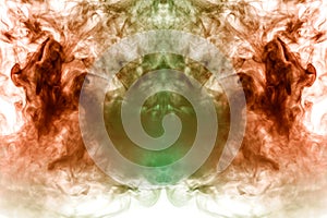 A background of green, red and gray wavy smoke in the shape of a ghost`s head or a man of mystical appearance on a white