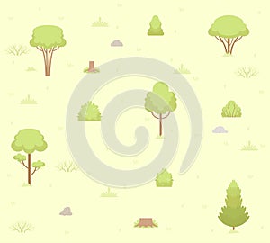 Background green spring park with trees, grass, bushes, stumps and stones. Stylish flat pattern