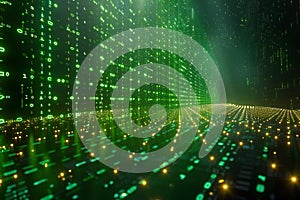 A background of green vertical lines, in the matrix code style. the pattern is made up of binary numbers in dark black color.