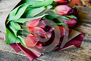 Background, greeting card: bouquet of multicolored tulips on a light background. Layout, mocap, for your text mother's day, copys