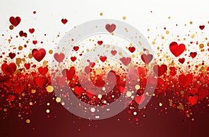 Background, greeting card mockup for Valentine\'s Day. Lots of shiny heart shaped confetti on a red background
