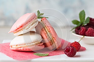 Background for greeting card Valentine`s holiday. Valentine day`s present, sweet treat. Homemade pastel colored macaron cookies, w