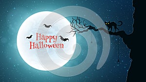 Background for Halloween. Back cat walks through the tree. Bats fly against the background of the full moon. Bloody red