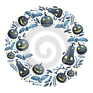 Background for Halloween with elements arranged in a circle: pumpkins, bats, crossbones and leaves