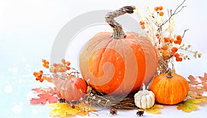 Background with halloween pumpkins, candles and autumn leaves on the wooden house porch