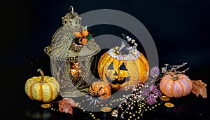 Background with halloween pumpkins, candles and autumn leaves on the wooden house porch