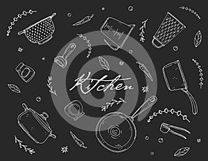 Background with hand drawn kitchenware, spice and lettering on a chalkboard