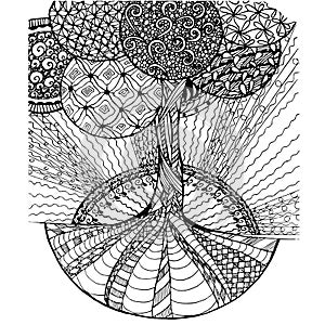 Background hand drawn zen tangle monochrome stylized tree, stock vector illustration