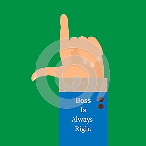 The background is a hand with a raised index finger-style flat. Boss is Always right