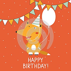 Backdrop with happy fox, air ballon, checkboxes and text. Happy birthday! photo