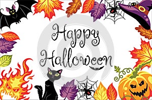 Background with Happy Halloween text and pumpkin with an angry smile.