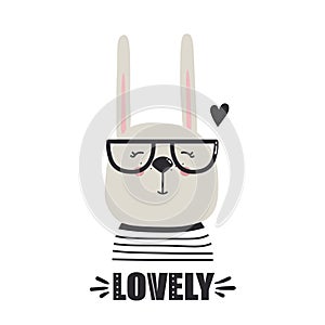 Background with happy rabbit, heart and text. Lovely