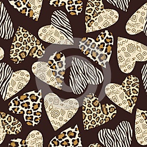 Background with hearts with animal skin pattern.