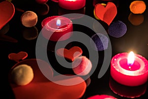 Background with hearts, candles and coloured balls. Love, colour