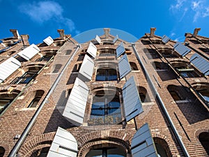 Background of Historic Warehouses in Amsterdam, Netherlands