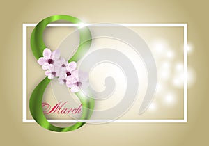 Background for Holiday March 8 International Women`s Day. Frame with pink flowers and green Digit eight. Vector