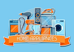 Background with home appliances. Household items for sale and shopping advertising poster