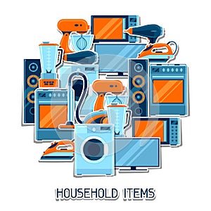 Background with home appliances. Household items for sale and shopping advertising poster