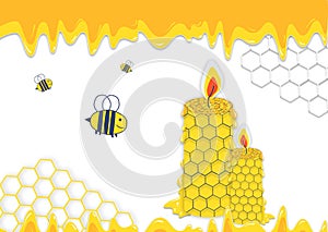 background with Honeycomb beehive with hexagon grid cells and Burning hand-rolled candles