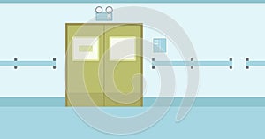 Background of hospital corridor with closed doors.