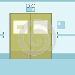 Background of hospital corridor with closed doors.