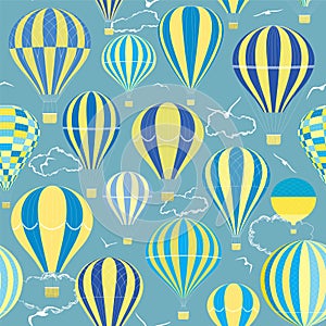 Background with hot air balloons in clear blue sky