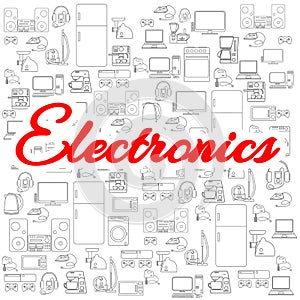 Background with household appliances icons. Various electronics vector icons.