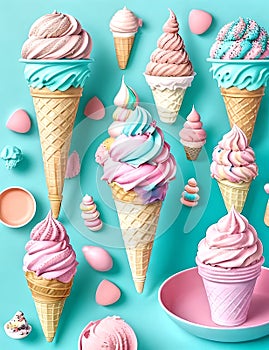 Background Ice Cones with Icecreams Drops Rosa Blue Brown AI Generated