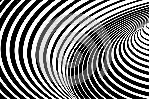 Background illusion optical. Abstract 3d pattern. Black and white line wave. Spiral geometric stripe. Hypnotic op waves. Hypnosis