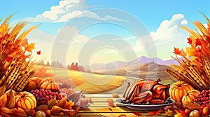 Background illustration with beautiful thanksgiving decorating. Turkey, pumpkins with fruits, flowers, vegetables and leaves.