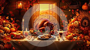 Background illustration with beautiful thanksgiving decorating. Turkey, pumpkins with fruits, flowers, vegetables and leaves.