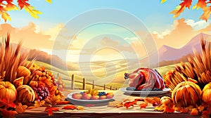 Background illustration with beautiful thanksgiving decorating. Turkey, pumpkins with fruits, flowers, vegetables and leaves.