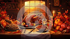 Background illustration with beautiful thanksgiving decorating. Turkey, pumpkins with fruits, flowers, vegetables and leaves.