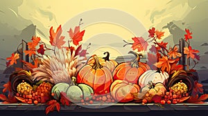 Background illustration with beautiful thanksgiving decorating. Turkey, pumpkins with fruits, flowers, vegetables and leaves.