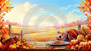 Background illustration with beautiful thanksgiving decorating. Turkey, pumpkins with fruits, flowers, vegetables and leaves.