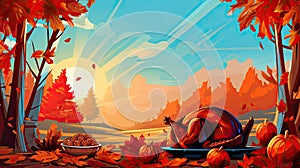 Background illustration with beautiful thanksgiving decorating. Turkey, pumpkins with fruits, flowers, vegetables and leaves.