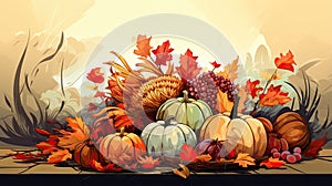 Background illustration with beautiful thanksgiving decorating. Turkey, pumpkins with fruits, flowers, vegetables and leaves.