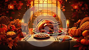 Background illustration with beautiful thanksgiving decorating. Turkey, pumpkins with fruits, flowers, vegetables and leaves.