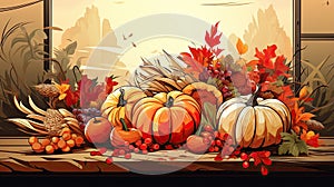 Background illustration with beautiful thanksgiving decorating. Turkey, pumpkins with fruits, flowers, vegetables and leaves.