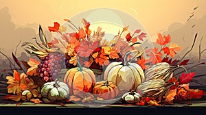 Background illustration with beautiful thanksgiving decorating. Turkey, pumpkins with fruits, flowers, vegetables and leaves.