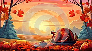 Background illustration with beautiful thanksgiving decorating. Turkey, pumpkins with fruits, flowers, vegetables and leaves.