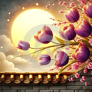 Background illustration Chinese painting flower tulip sunset