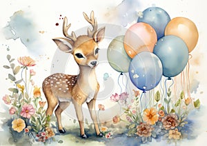 Background illustration cute baby deer cartoon watercolor forest art drawing girl animal card wild