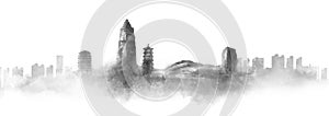 Background illustration of landmark buildings in Zibo