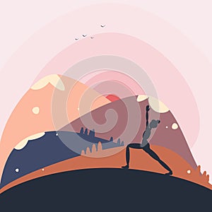 Background illustration of light and bright pink, blue and orange mountains and hills with a silhouette of a woman doing