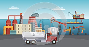 Background illustration of petroleum industry. Oil refinery, terminal of production