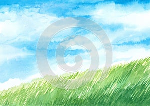 background illustration, watercolor of blue sky with green meadow