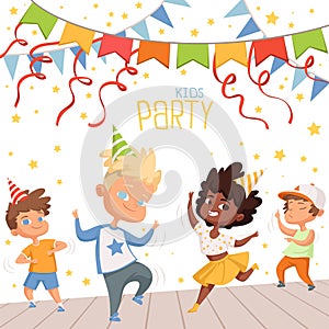 Background illustrations at childrens dance party. Template of poster for kids invitation