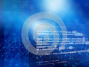 Background image of an abstract image of a futuristic network with source code