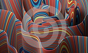 Background with the image of abstract geometric wavy folds in dark color with a striped pattern in different colors. 3d rendering